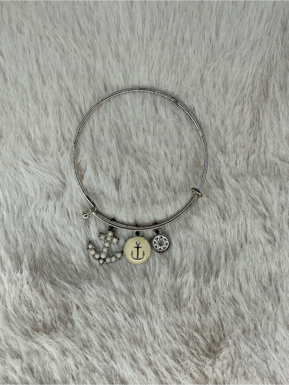 Alex & Ani Silver Nautical Charm Bangle Bracelet with Anchor and Wheel Charms